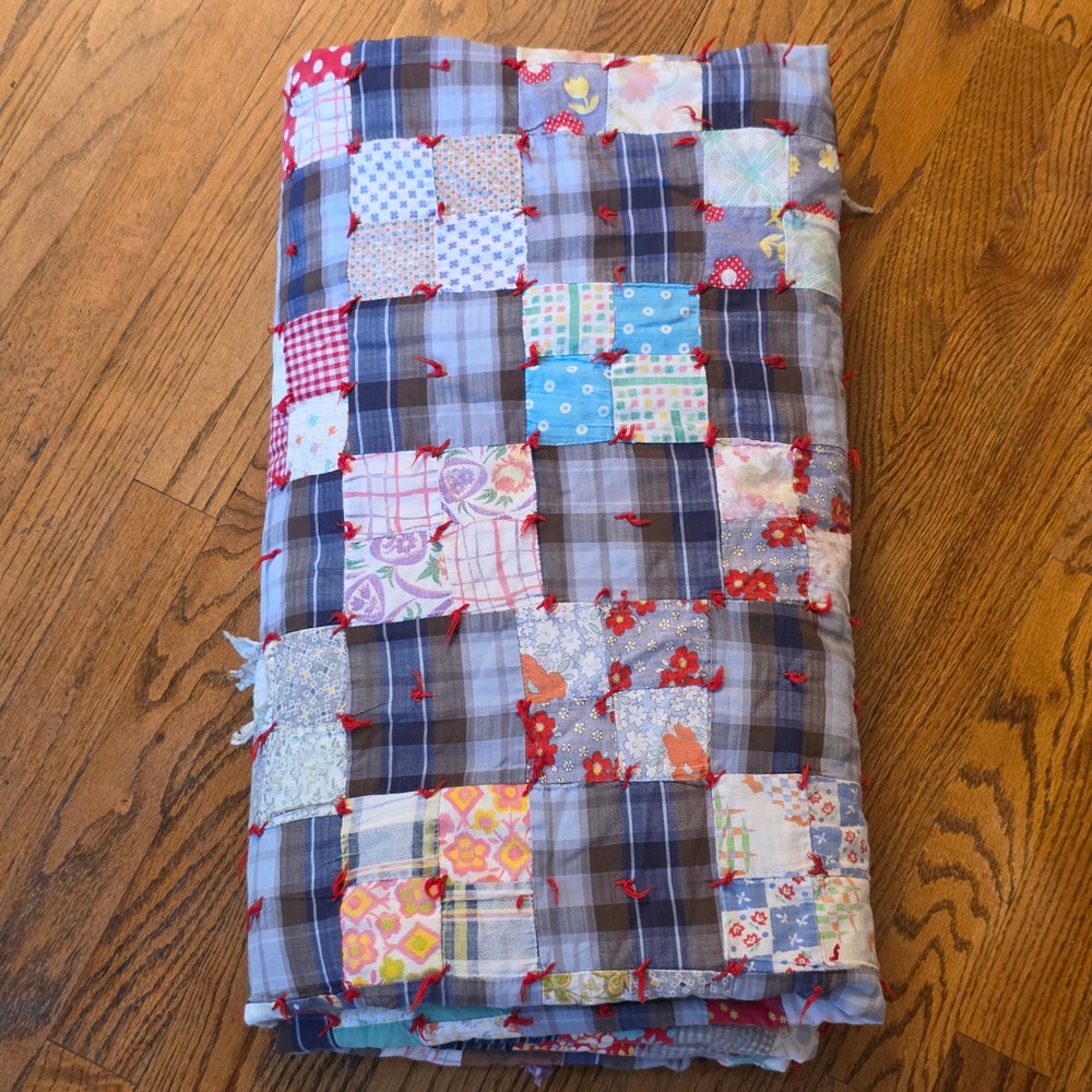 Vintage Handmade Patchwork Quilt Plaid Floral 1960s Farmhouse‎ Americana 70x86